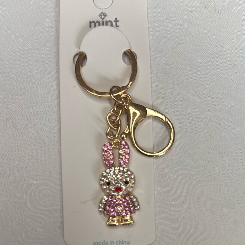Mint Sparkling Rabbit Pink and Gold Bag Charm Keychain 1.5 inch